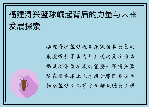 福建浔兴篮球崛起背后的力量与未来发展探索 福建浔兴篮球崛起背后的力量与未来发展探索