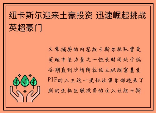纽卡斯尔迎来土豪投资 迅速崛起挑战英超豪门