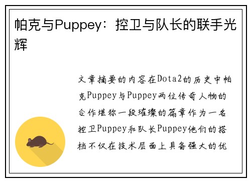 帕克与Puppey：控卫与队长的联手光辉